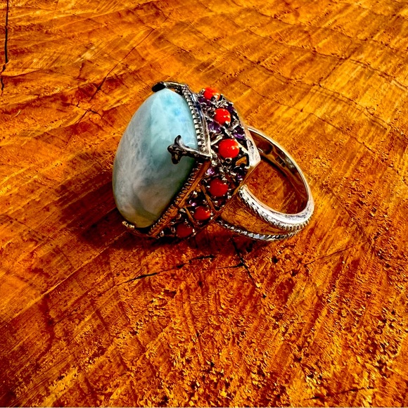 🌟I’m REAL & REAL pretty!🌟Genuine Silver, Turquoise, Coral & Amethyst Ring SZ 7 - Picture 3 of 15